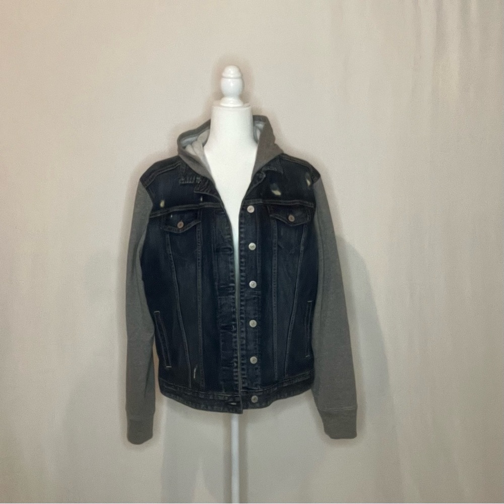 Express Women's Denim and Gray Hooded Jacket Size Extra Large